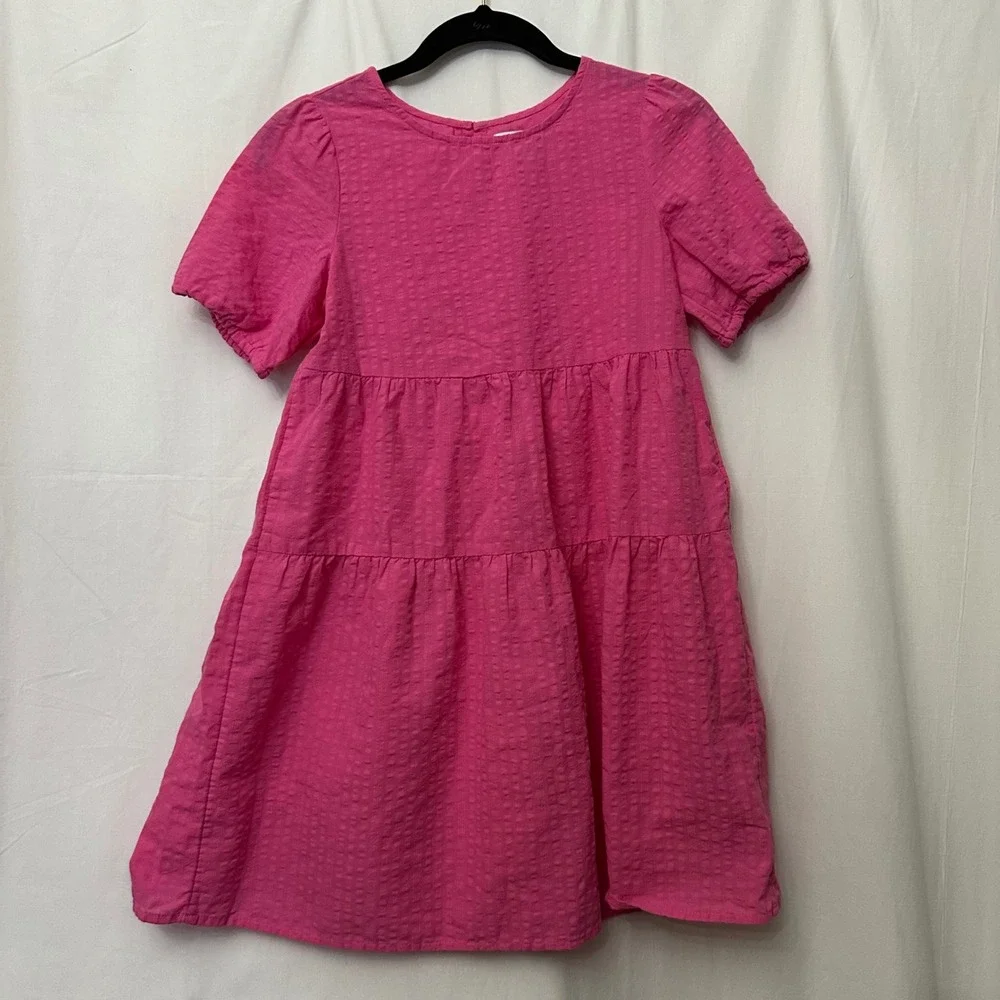Old Navy Girls Pink Tiered Babydoll Dress Short Sleeve Textured Size L 10-12